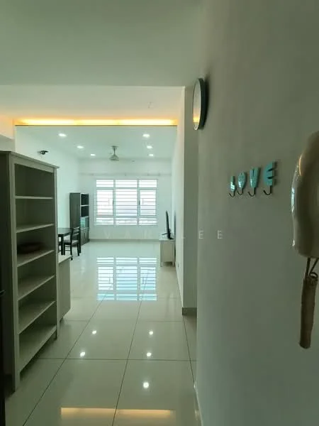 Room features: white painted walls, glossy tile flooring, recessed LED downlights, 5-blade ceiling fan, large windows with horizontal blinds, open layout, decorative wall art, built-in shelving unit, TV console, dining table, neutral color scheme; style: modern.