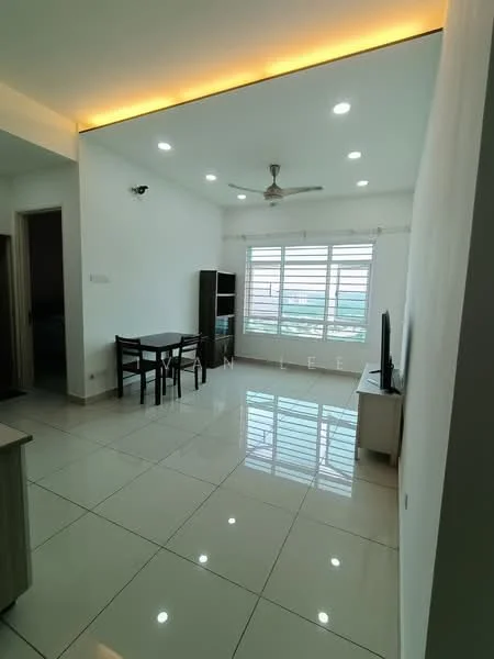 Living features: white painted walls, glossy ceramic tile flooring, recessed downlights, 5-blade ceiling fan with light, large windows with horizontal blinds, TV console, wall-mounted TV, dining table with four chairs, decorative ceiling strip lighting; style: modern; view: city.