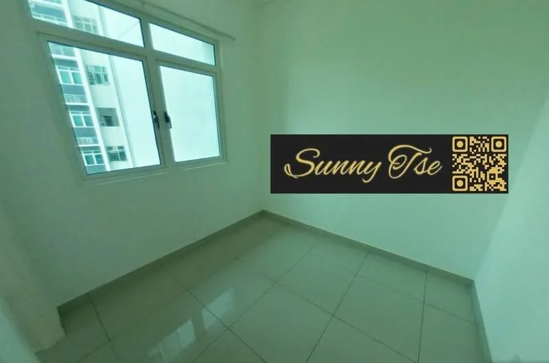 Room features: white painted walls, glossy ceramic tile flooring, floor-to-ceiling windows, natural light from window, neutral color scheme.