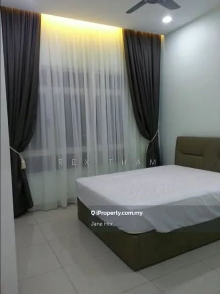 Bedroom features: queen-size bed, upholstered headboard, floor-to-ceiling windows, sheer curtains, dark grey blackout curtains, white painted walls, recessed LED downlights, polished ceramic tile flooring, ceiling fan; style: modern.