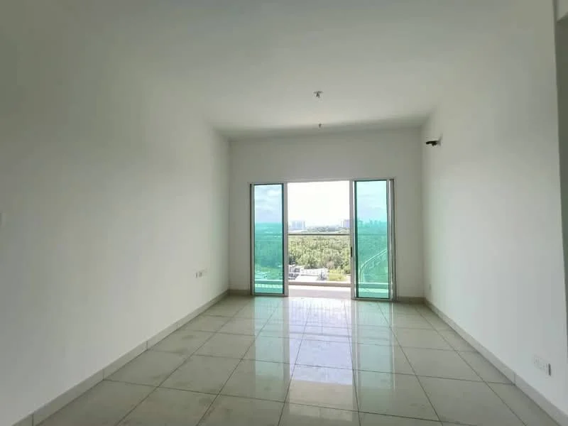 Living features: white painted walls, glossy tile flooring, floor-to-ceiling windows, sliding glass door, natural light, city view, recessed ceiling lights, open layout; style: modern; view: city.
