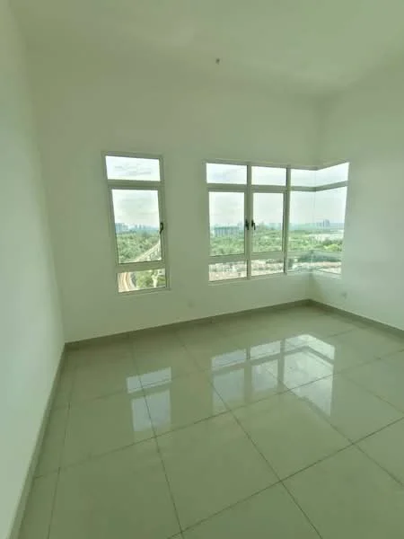Room features: white painted walls, glossy tile flooring, floor-to-ceiling windows, city view, natural light, corner room layout; style: modern; view: city.