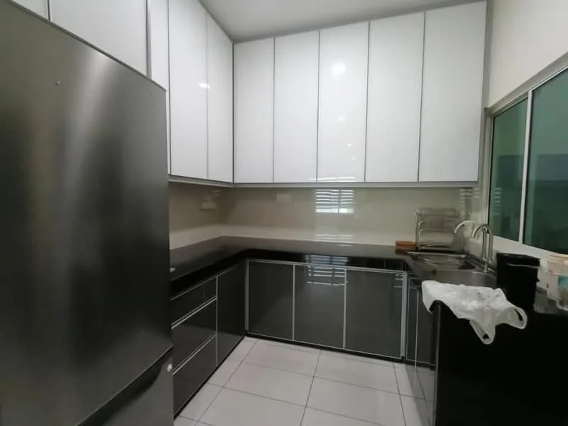 Kitchen features: stainless-steel fridge, black granite countertop, white high-gloss cabinetry, black lower cabinetry, ceramic tile flooring, double-bowl stainless-steel sink, chrome pull-down faucet, wall-mounted cabinets, window with green view, under-cabinet lighting; style: modern.