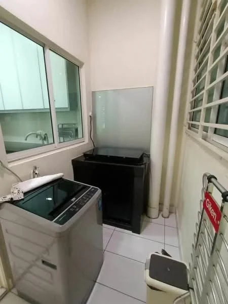 Laundry features: top-load washing machine, black countertop, white walls, tile flooring, window with horizontal blinds, plumbing pipes, laundry rack, sink with faucet.