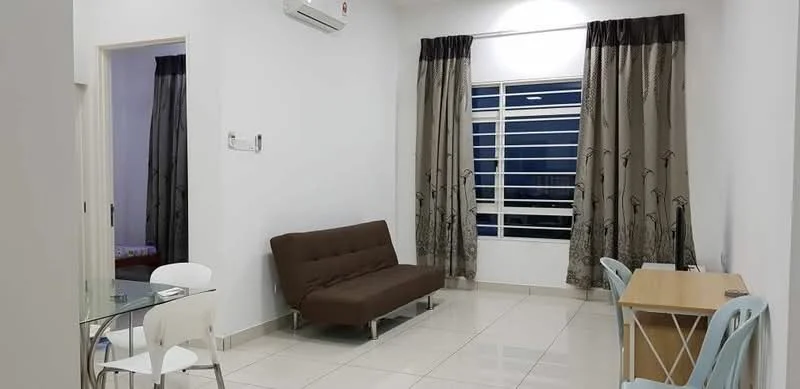 Living features: brown fabric sofa bed, glass dining table with white chairs, white painted walls, cream tiled flooring, floor-to-ceiling windows, sheer curtains, recessed downlights, wall-mounted split AC; style: modern; view: city. Room features: doorway leading to another room.