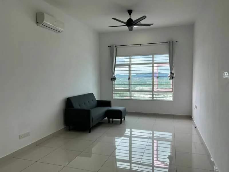 Living features: white painted walls, glossy ceramic tile flooring, 5-blade ceiling fan, floor-to-ceiling windows, grey fabric sofa, curtains, air conditioning unit; style: modern; view: mountain.