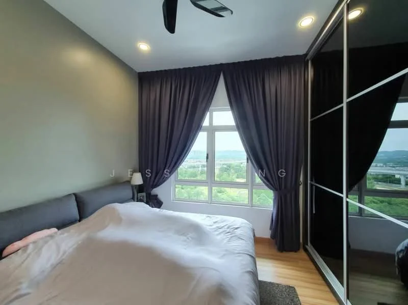 Bedroom features: queen-size bed with grey bedding, floor-to-ceiling windows, dark grey curtains, wooden flooring, built-in wardrobe with mirrored doors, ceiling fan, decorative wall with grey paint, view of greenery; style: modern; view: garden.