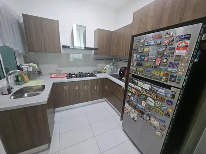 Kitchen features: L-shaped kitchen layout, brown wooden cabinetry, stainless-steel fridge with magnets, 4-burner gas hob, stainless-steel sink, chrome pull-down faucet, white tiled backsplash, white tiled flooring, countertop with space for appliances, window with sheer curtains, kitchen utensils on countertop; style: modern.