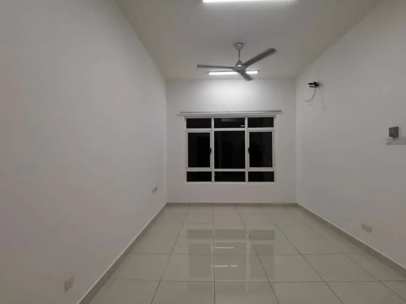 Room features: white painted walls, glossy ceramic tile flooring, 5-blade ceiling fan, large windows with multiple panes, window treatments not visible, no visible furniture or decor, light fixtures on ceiling, electrical outlets visible; style: modern.
