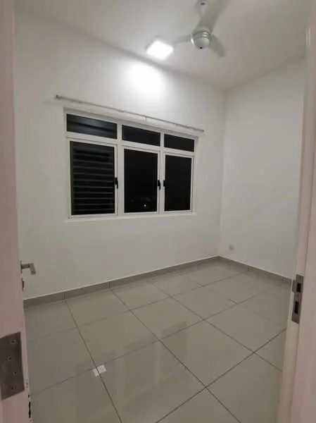 Room features: white painted walls, grey tiled flooring, ceiling fan, window with black grills, multiple window panes, light fixture on ceiling; style: modern.