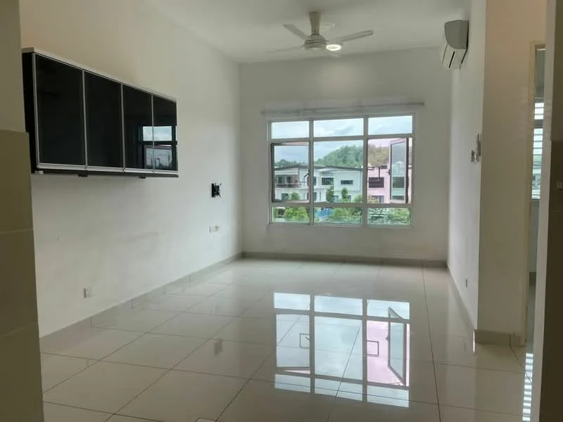 Living features: white painted walls, glossy ceramic tile flooring, 5-blade ceiling fan, floor-to-ceiling windows, window with sheer curtains, wall-mounted TV console, air conditioning unit, view of surrounding buildings; style: modern; view: city.