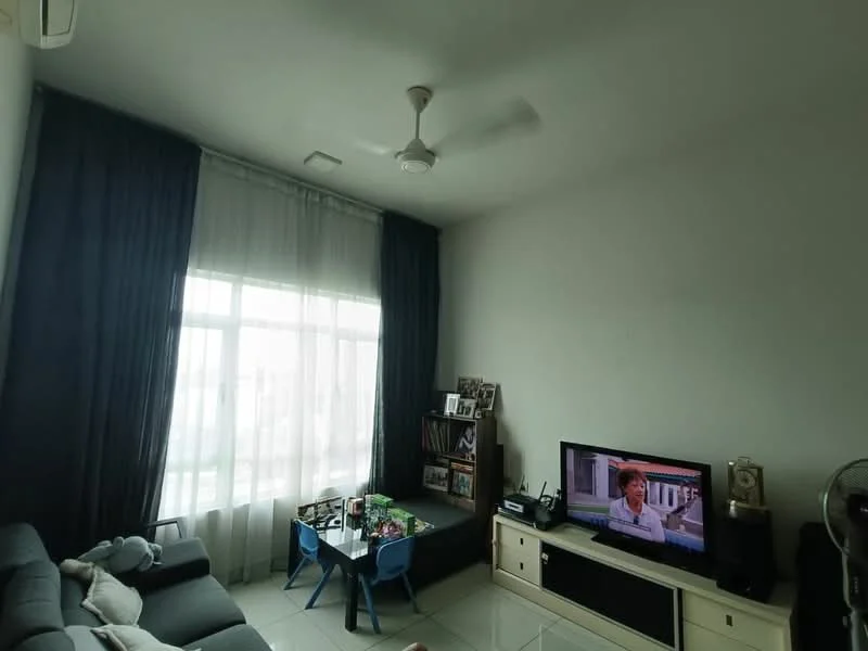Living features: 3-seater fabric sofa in grey, coffee table, TV console, wall-mounted TV, floor-to-ceiling windows, sheer curtains, dark curtains, ceiling fan, white painted walls, tile flooring, decorative wall shelves, area rug; style: modern.