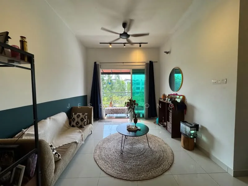 Living features: 3-seater fabric sofa in beige, round coffee table, area rug, floor-to-ceiling windows, curtains, ceiling fan with light, decorative mirror, wall-mounted shelf, wooden side table, decorative vase, greenery view; style: modern; view: garden.