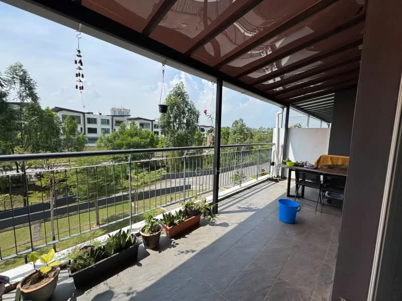Room features: covered balcony, grey tiled flooring, metal railing, potted plants, hanging plants, outdoor dining table, blue bucket, greenery view; style: modern; view: garden.