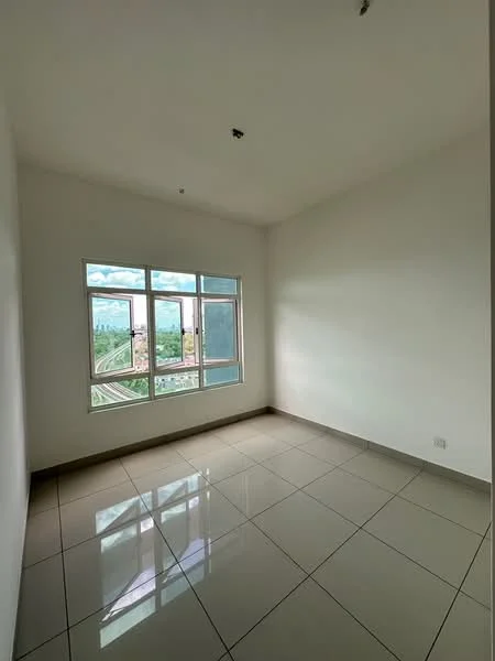 Room features: white painted walls, glossy ceramic tile flooring, large windows with multiple panes, natural light from window, view of greenery outside; view: garden.