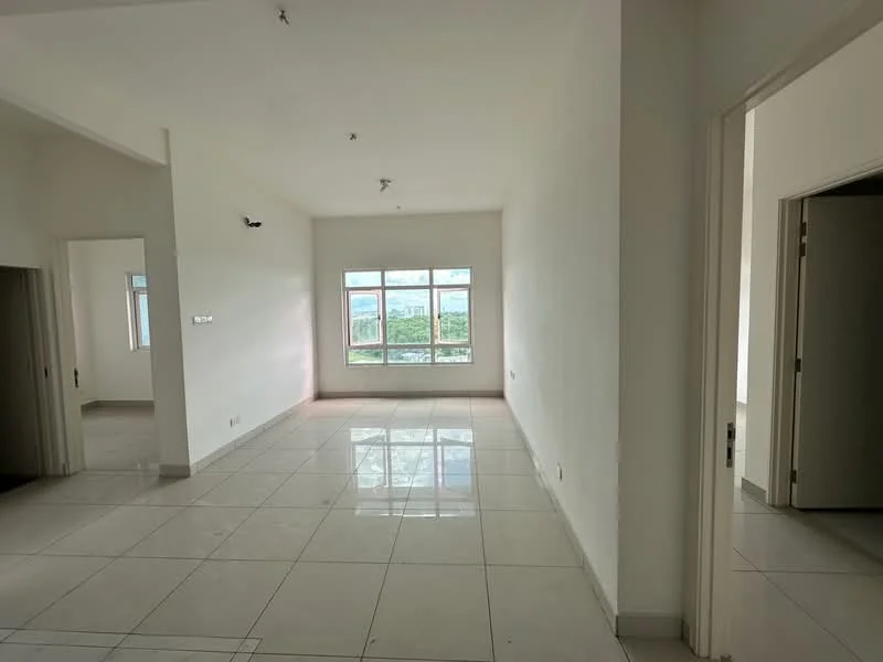 Room features: white painted walls, glossy ceramic tile flooring, large windows, natural light, recessed downlights, neutral color scheme, open layout, no visible furniture; style: modern; view: city.
