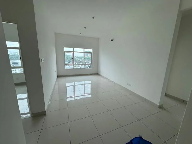 Living features: white painted walls, glossy ceramic tile flooring, floor-to-ceiling windows, natural light from windows, recessed downlights, no visible furniture, neutral color scheme, city view from windows; style: modern; view: city.
