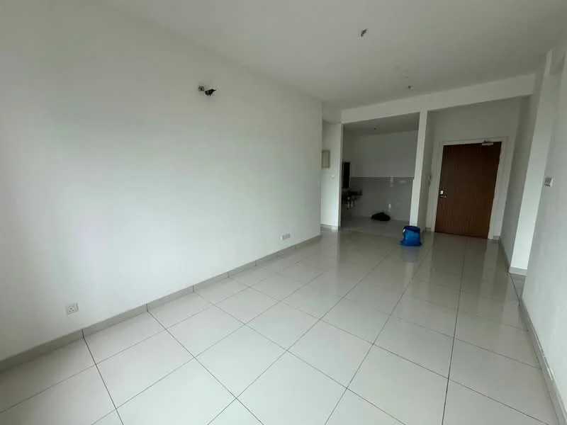 Room features: white painted walls, glossy ceramic tile flooring, recessed downlights, single wooden door, open layout, no visible furniture, large windows, neutral color scheme; style: modern.