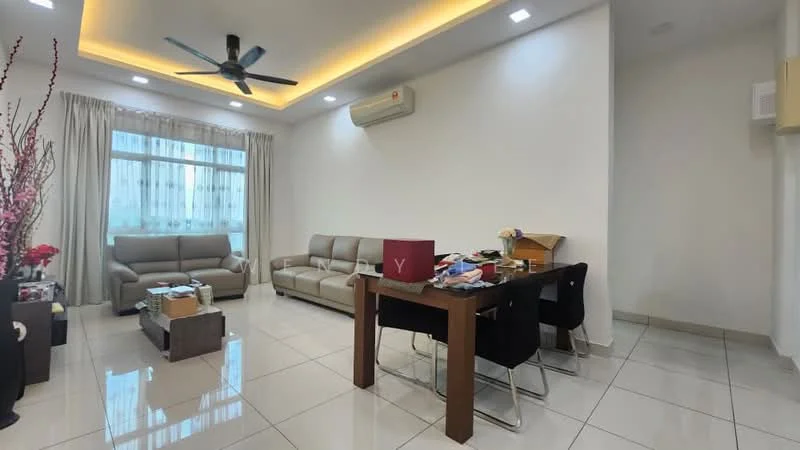 Living features: 5-blade ceiling fan with light, recessed LED downlights, cream painted walls, white tiled flooring, floor-to-ceiling windows, sheer curtains, 2-seater leather sofa in beige, 3-seater fabric sofa in grey, coffee table, dining table with black chairs, decorative plants, wall-mounted air conditioning unit; style: modern.