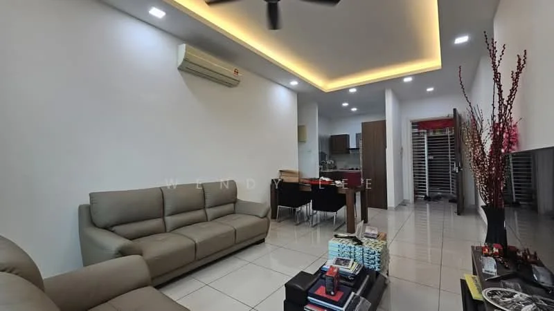 Living features: 3-seater fabric sofa in beige, coffee table, wall-mounted TV, recessed LED downlights, ceiling fan, white painted walls, glossy tile flooring, decorative plant in vase, dining table with chairs, open layout to kitchen, air conditioning unit; style: modern.