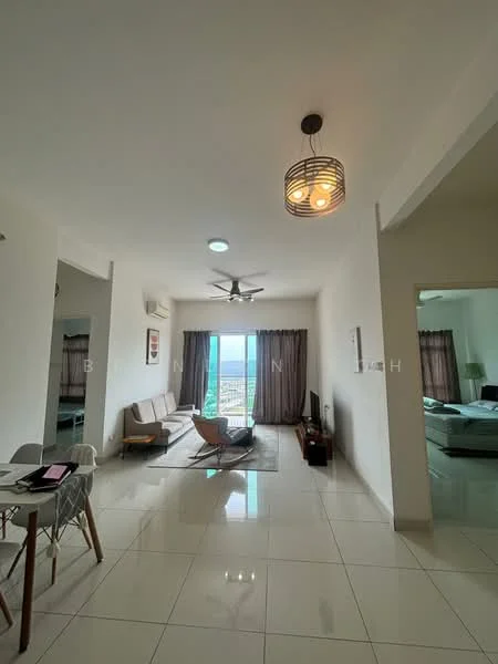 Living features: white painted walls, polished tile flooring, 5-blade ceiling fan with light, sofa in light grey fabric, wooden coffee table, TV console, wall-mounted TV, floor-to-ceiling windows with city view, sheer curtains, decorative pendant light; style: modern; view: city. Dining features: 4-seater dining table, white chairs, decorative centerpiece; style: modern.