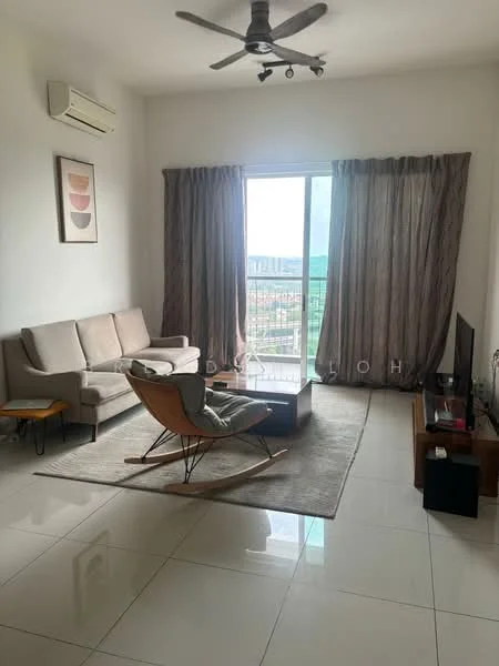 Living features: 3-seater fabric sofa in light grey, wooden accent chair with metal frame, coffee table, TV console, wall-mounted TV, area rug, floor-to-ceiling windows, sheer curtains, recessed downlights, 1 wall-mounted split AC, white painted walls, glossy ceramic tile flooring; style: modern; view: city.