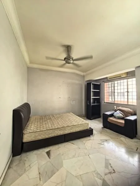 Bedroom features: queen-size bed frame without mattress, upholstered headboard, 3-blade ceiling fan, marble flooring, light grey painted walls, built-in wardrobe, window with grille, sofa in brown fabric.