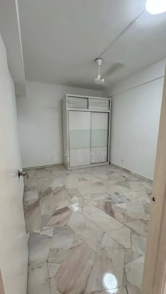 Bedroom features: marble flooring, white painted walls, ceiling fan, built-in wardrobe with sliding doors, single light fixture, no visible window treatments.