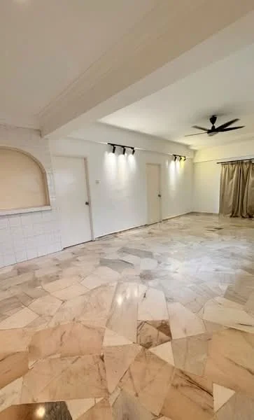 Living features: marble flooring, white painted walls, ceiling fan, recessed LED downlights, curtains, door to hallway, arched niche, neutral color palette; style: modern.