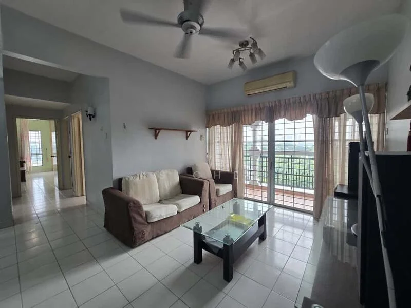 Living features: white painted walls, tiled flooring, 5-blade ceiling fan with light, sofa in cream fabric, glass coffee table with black legs, TV console, floor-to-ceiling windows, sheer curtains, balcony access, air conditioning unit; style: modern; view: city. Room features: white painted walls, tiled flooring, doorway leading to other rooms.