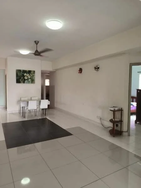 Room features: white painted walls, tile flooring, ceiling lights, 5-blade ceiling fan, dining table with four chairs, decorative wall art, corner table, open layout; style: modern.