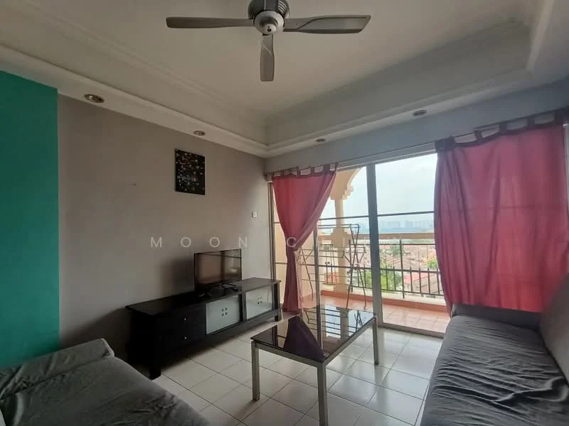 Living features: grey fabric sofa, 2-seater sofa, glass coffee table, TV console, wall-mounted TV, floor-to-ceiling sliding glass door, curtains in pink, white tiled flooring, ceiling fan with light, decorative wall art, light grey painted walls, balcony view; style: modern; view: city.