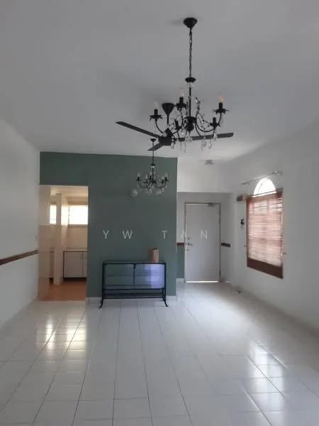 Living features: white tiled flooring, green accent wall, chandelier, ceiling fan, window with wooden blinds, door with glass panel, wall-mounted TV console, decorative wall molding; style: modern. Kitchen features: open kitchen layout, white cabinetry, countertop, visible appliances.