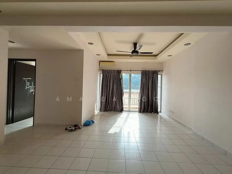 Living features: white painted walls, tray ceiling, 5-blade ceiling fan, floor-to-ceiling windows, sliding glass door, grey curtains, white tile flooring, air conditioning unit; style: modern; view: mountain.