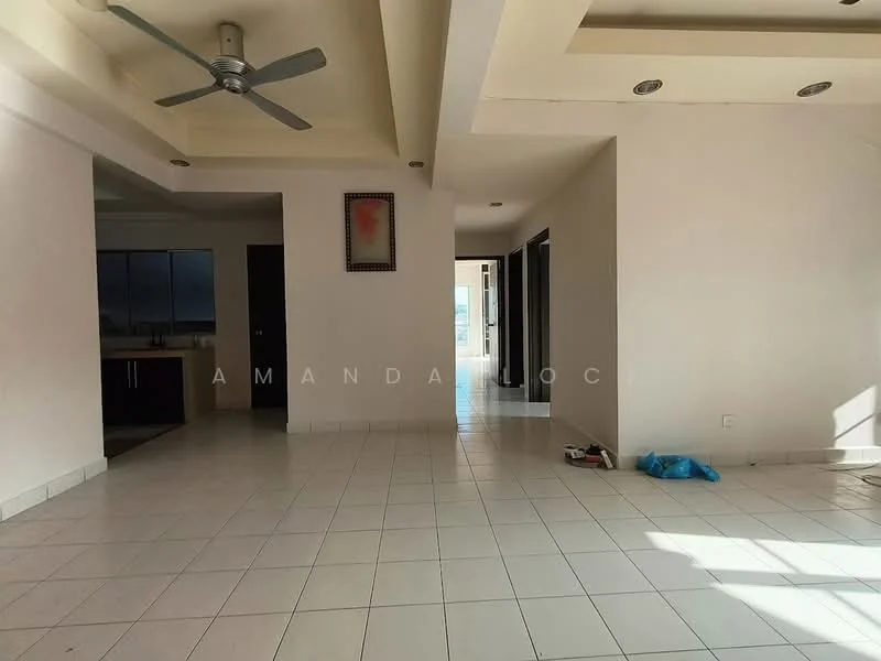 Living features: white painted walls, tile flooring, 5-blade ceiling fan, recessed ceiling with lighting, large windows allowing natural light, open layout to adjacent rooms, neutral color palette, no visible furniture; style: modern. Room features: white painted walls, tile flooring, open layout, doorway leading to other rooms.