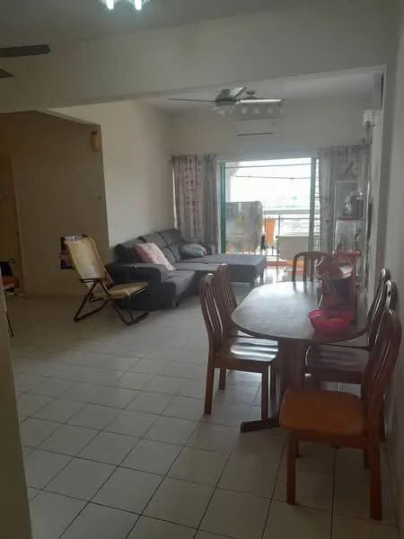 Living features: grey fabric sofa, wooden dining table, 4 wooden dining chairs, tile flooring, white painted walls, ceiling fan, floor-to-ceiling windows, sheer curtains, decorative wall clock, area rug, balcony access, natural light; style: modern; view: city.