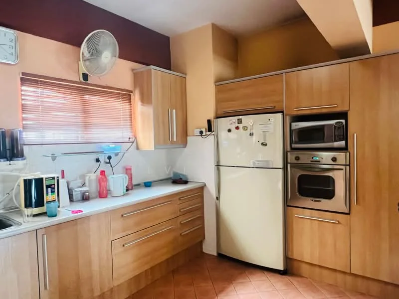 Kitchen features: light wood cabinetry, white countertop, stainless-steel fridge, built-in oven, microwave, double-bowl stainless-steel sink, chrome pull-down faucet, ceramic tile flooring, wall-mounted fan, blinds on window, pink plastic containers, kitchen utensils, decorative items on countertop; style: modern.