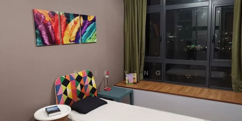 Bedroom features: single bed, colorful geometric headboard, wooden flooring, floor-to-ceiling windows, green curtains, decorative wall art with feather design, nightstand with lamp, window seat with wooden ledge; style: modern; view: city.