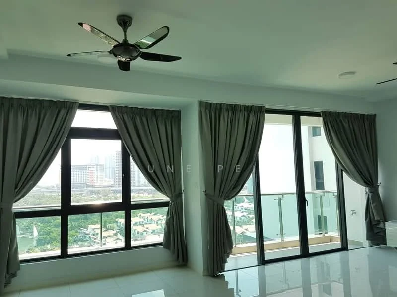 Living features: floor-to-ceiling windows, sliding glass door, sheer curtains, blackout curtains, 5-blade ceiling fan, white painted walls, glossy tile flooring, balcony view of city skyline; style: modern; view: city.