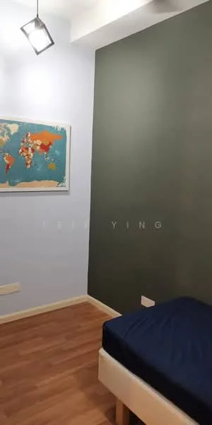 Bedroom features: blue painted walls, green accent wall, wooden flooring, single bed with blue bedding, framed world map artwork, ceiling light fixture; style: modern.