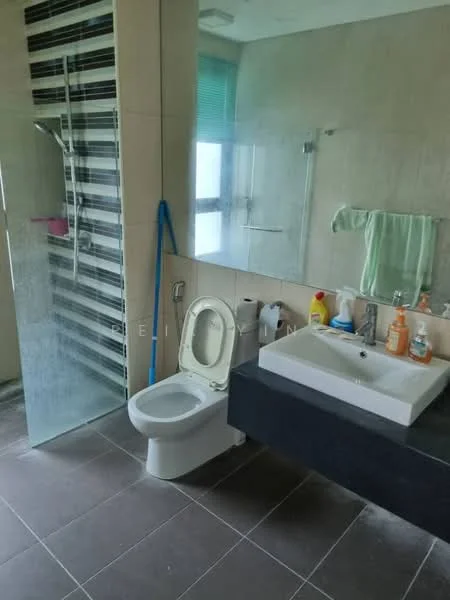 Bathroom features: walk-in shower with glass enclosure, rain shower head, handheld shower, single-sink vanity with black countertop, white ceramic sink, chrome basin mixer, one-piece toilet, tile cladding on walls, dark tile flooring, green towel, cleaning supplies, window with blinds; style: modern.