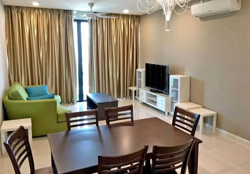 Living features: green fabric sofa, wooden coffee table, white TV console, wall-mounted TV, dining table with wooden chairs, floor-to-ceiling windows, sheer curtains, recessed downlights, split wall-mounted AC, light fixture with multiple arms, cream painted walls, glossy tile flooring; style: modern.