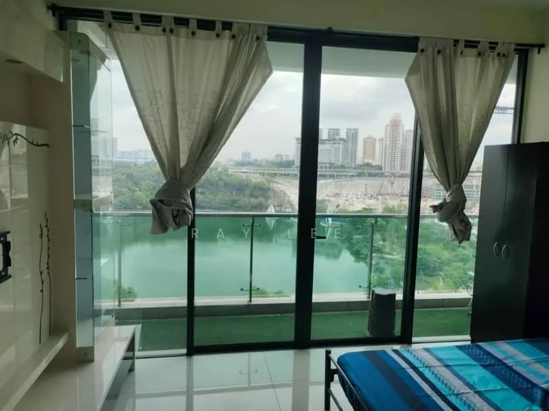 Room features: floor-to-ceiling windows, curtains, green carpet flooring, blue patterned bedspread, black wardrobe, decorative wall art, white painted walls, marble tile flooring; style: modern; view: city.