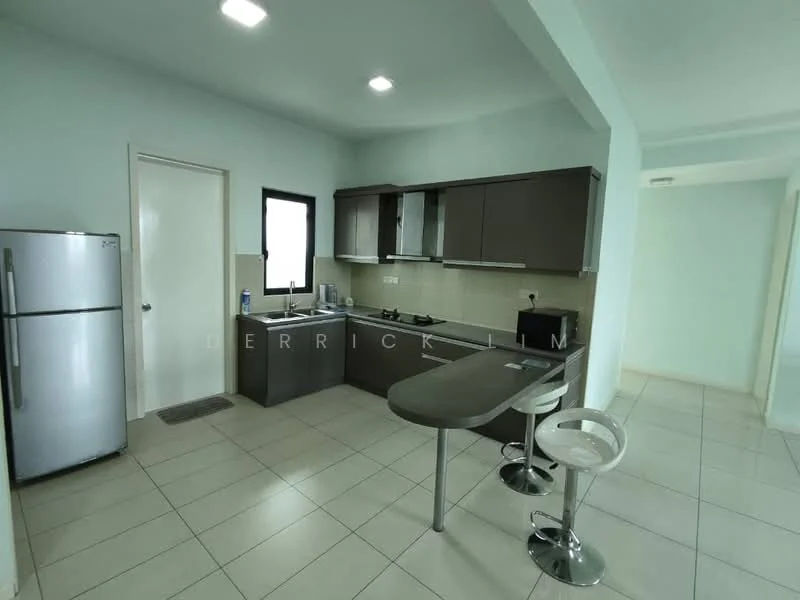 Kitchen features: grey cabinetry, white countertop, stainless-steel fridge, built-in oven, freestanding range oven, single-bowl stainless-steel sink, chrome pull-down faucet, tile backsplash, ceramic tile flooring, recessed downlights, window with black frame, bar counter with stools; style: modern.