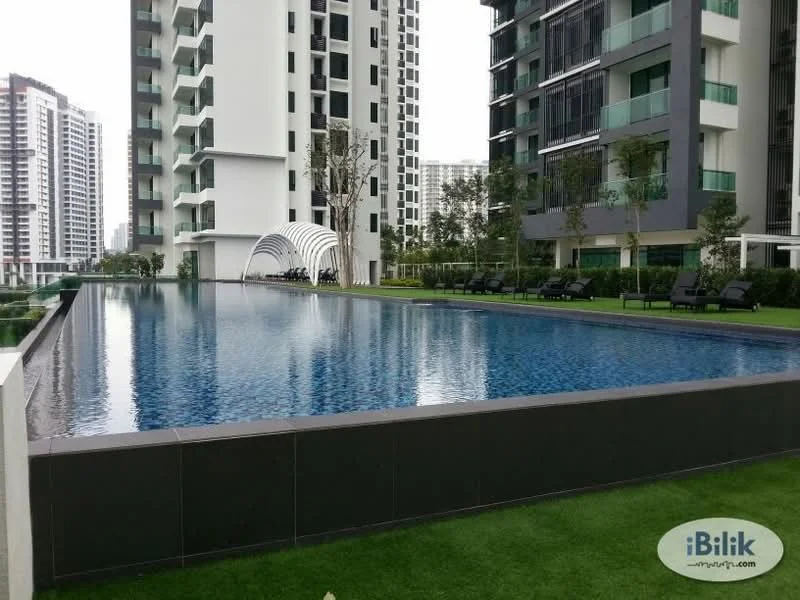 Exterior type: high-rise condominium; features: infinity pool, pool deck with loungers, manicured lawn, landscaped garden, modern architectural design, surrounded by greenery, water feature, outdoor seating area; style: modern.