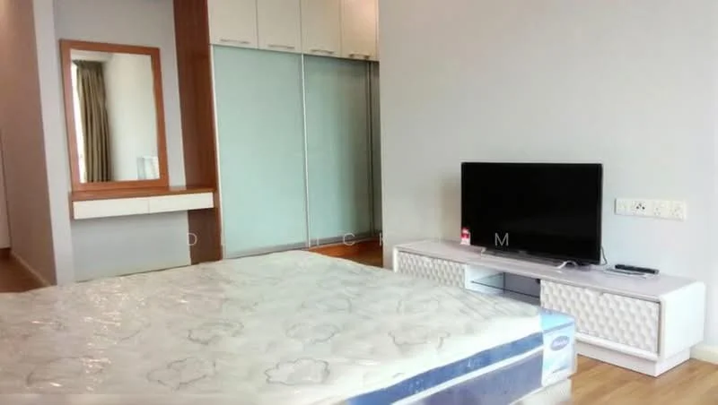 Bedroom features: queen-size bed with mattress, white bedside table, wall-mounted TV, white TV console, full-length mirror, built-in wardrobe with sliding doors, wooden flooring, curtains, neutral wall color; style: modern.