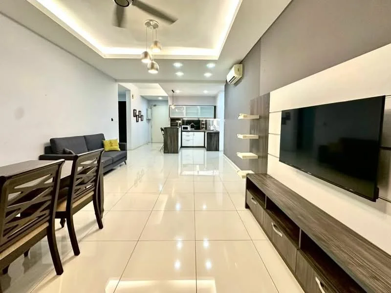 Living features: white painted walls, recessed ceiling with LED lights, 5-blade ceiling fan with light, large wall-mounted TV, wooden TV console, dining table with 4 chairs, grey fabric sofa, glossy tile flooring, open layout to kitchen, air conditioning unit; style: modern.