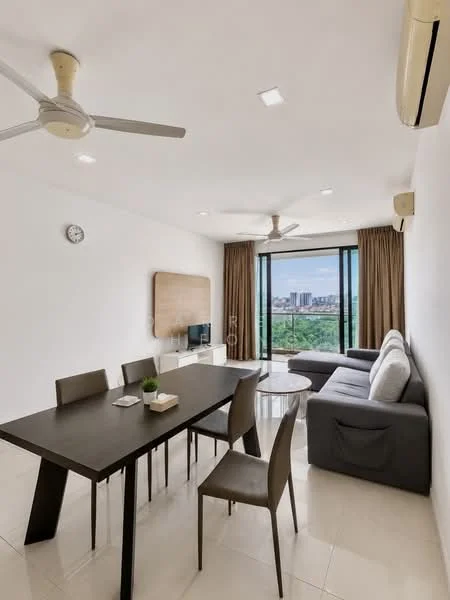 Living features: grey L-shape sectional sofa, 4-seater dining table in dark wood, 4 dining chairs in beige, floor-to-ceiling windows, curtains in brown, wall-mounted TV, light-colored wall with clock, recessed LED downlights, 2 ceiling fans, cream tiled flooring; style: modern; view: city.