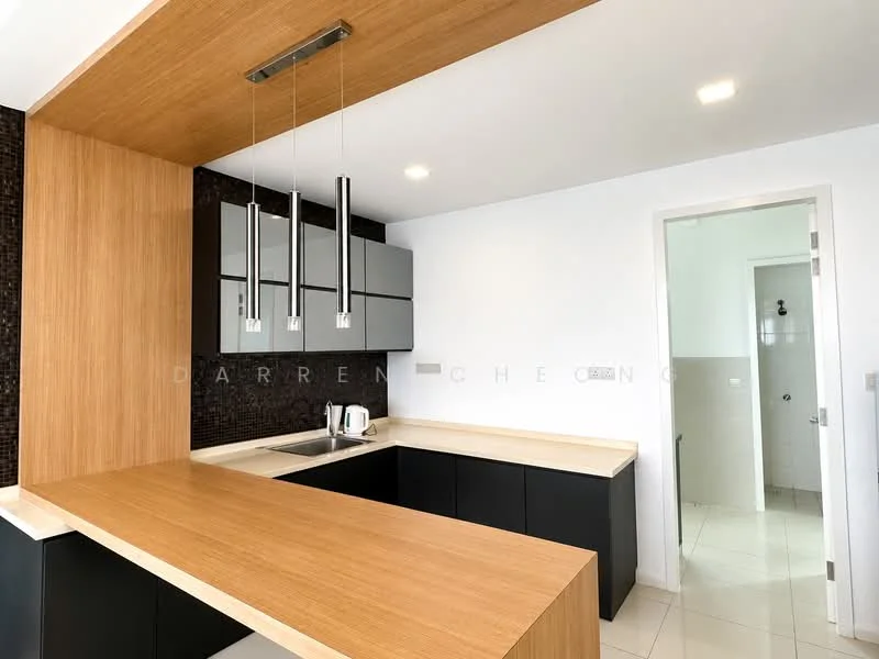 Kitchen features: black cabinetry, wooden countertop, stainless-steel sink, chrome pull-down faucet, 3 pendant lights, white walls, tile flooring, built-in microwave, kettle, open layout; style: modern.