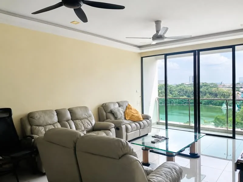 Living features: 3-seater leather sofa in light grey, 2-seater leather sofa in light grey, glass coffee table, ceiling fan with 3 blades, floor-to-ceiling windows, balcony access, white painted walls, tile flooring, decorative throw pillow in mustard, view of greenery; style: modern; view: garden.